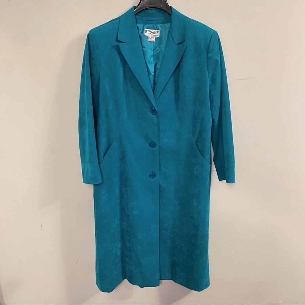 Vintage Ultrasuede Teal Blue Long Trench Coat 14 L XL USA Made